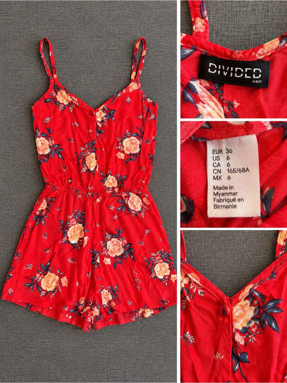 Divided Red Floral Spaghetti-Strap Romper
